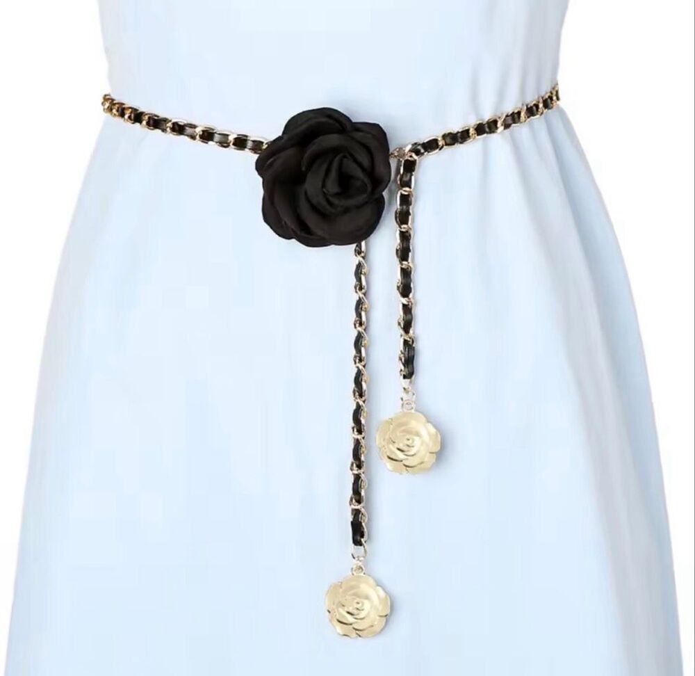 Italian Luxury Boutique Black Gold Chain Belt Detachable Rose Brooch 48″ NWOT